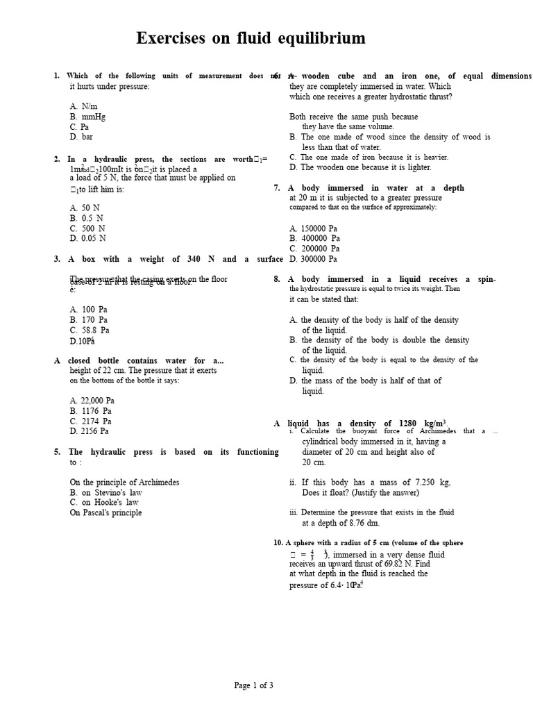 Fluid Equilibrium Exercises and Solutions | PDF | Density | Pressure