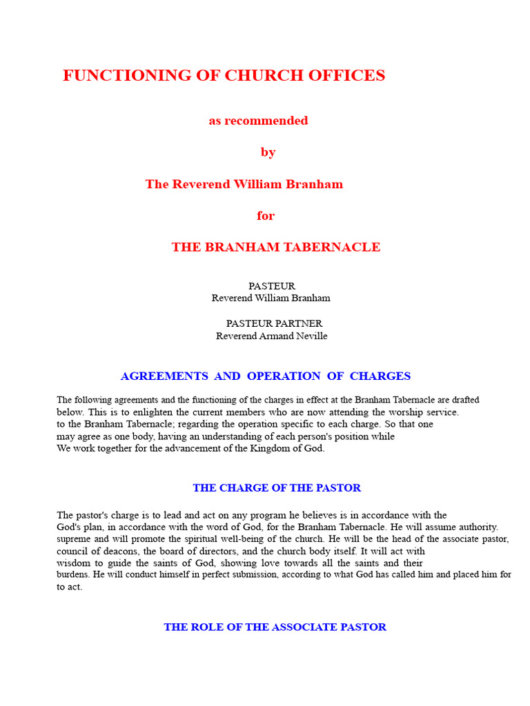 Church Office Functions at Branham Tabernacle | PDF | Pastor | Saint