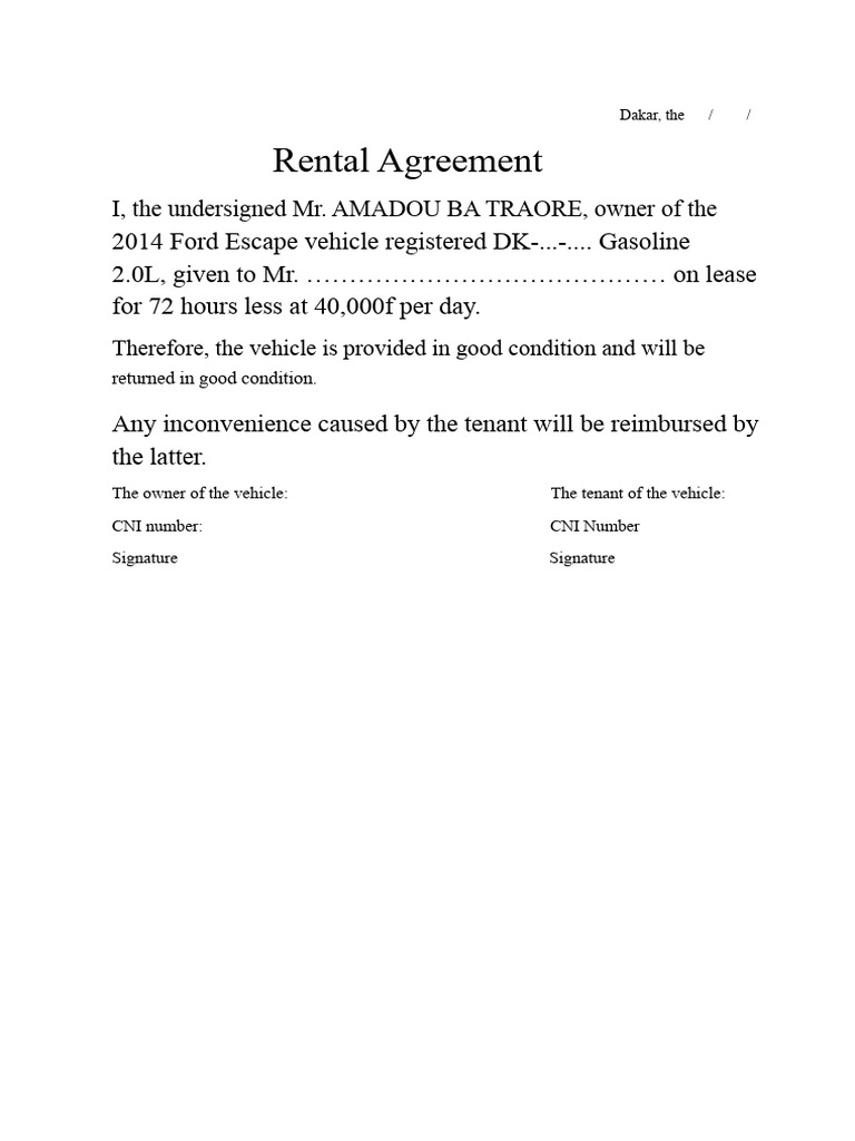 Vehicle Rental Agreement for Ford Escape | PDF