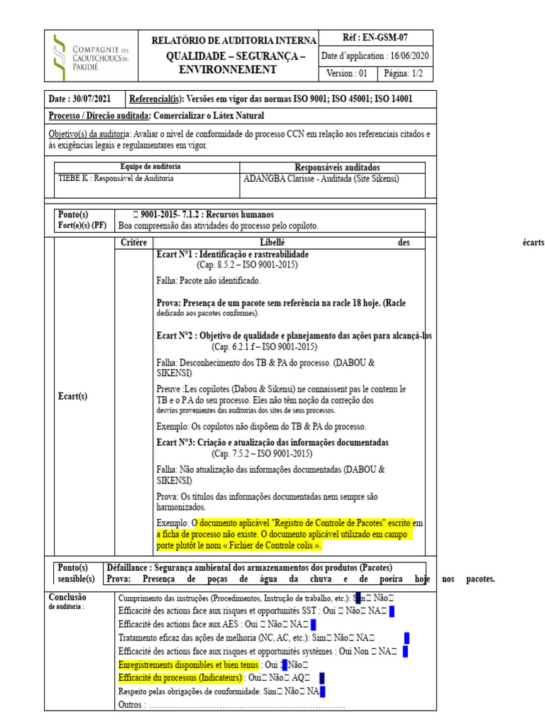 Relatório de Auditoria Interna ISO 9001 | PDF