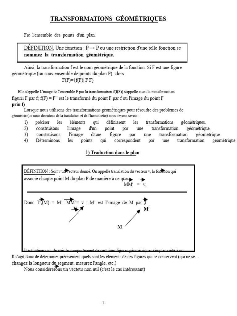 Transformations géométriques : translation et homothétie | PDF ...
