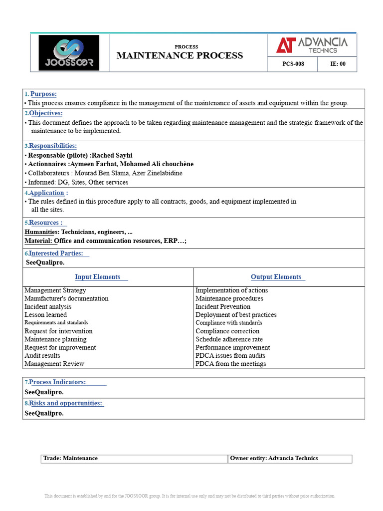 PCS-MAIN-08 Maintenance Process.pdf | PDF | Audit | Regulatory Compliance