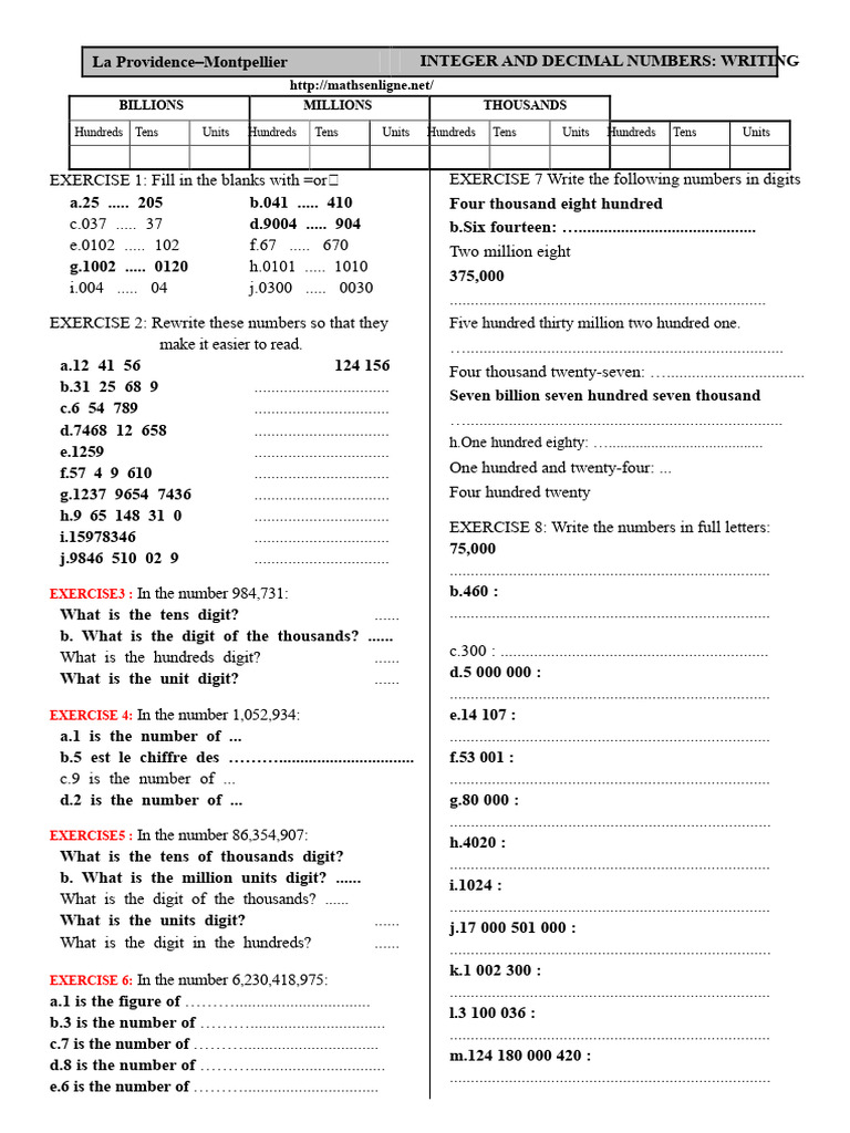 Chap 1 - Ex 01 - Writing and Reading Whole Numbers - SOLUTION | PDF ...