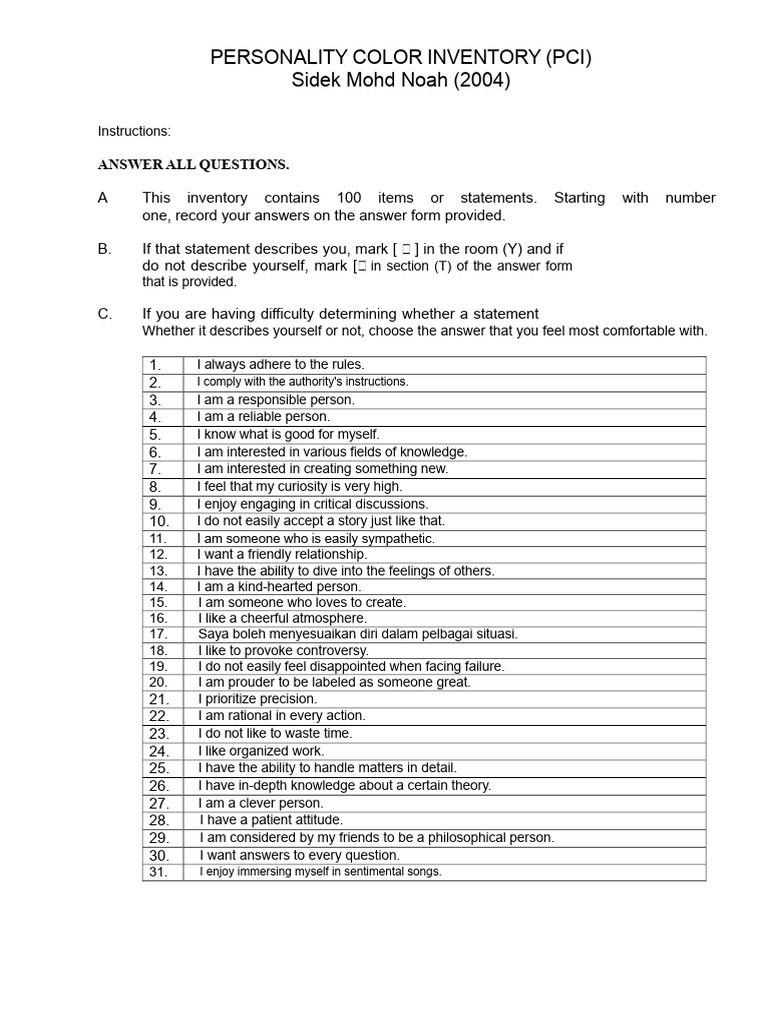 Personality Color Inventory Guide | PDF | Mind | Thought