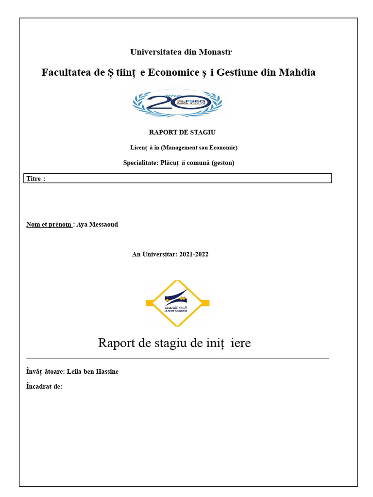 Facultatea de Ș Tiinț e Economice Ș I Gestiune Din Mahdia: Raport de ...