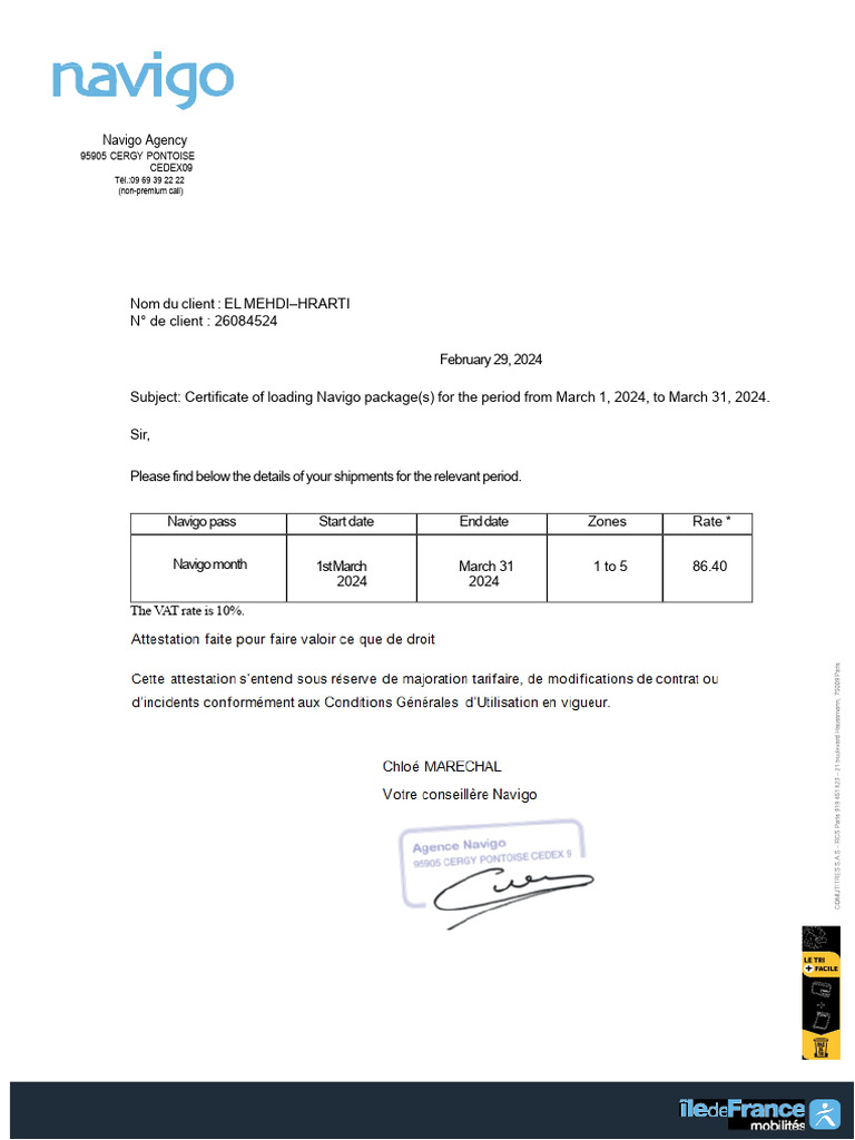 Navigo Package Loading Certificate 2024 | PDF