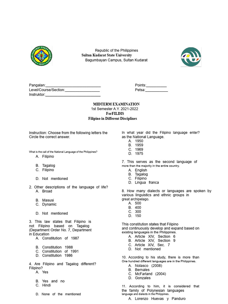 Midterm Exam: Filipino Language Studies | PDF | Tagalog Language ...