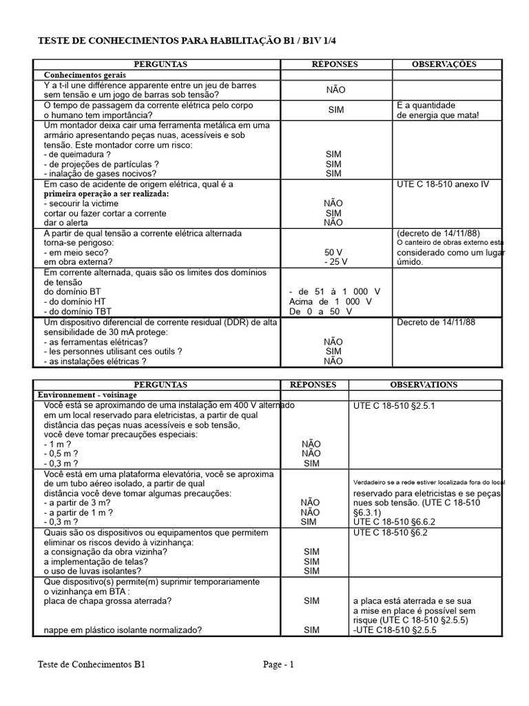 Teste de Conhecimentos Habilitação B1/B1V | PDF | Eletricidade ...