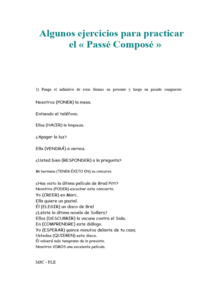 Ejercicios de Passé Composé en Francés | PDF