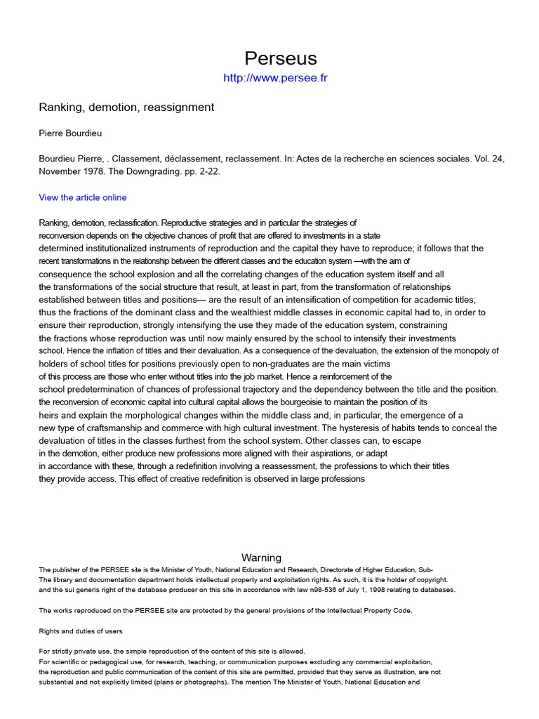 Ranking, Declassification Reclassification BOURDIEU PDF | PDF