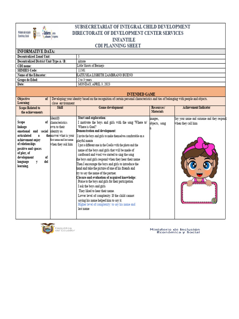 CDI Planning Sheet for Early Childhood Activities | PDF | Nonverbal ...