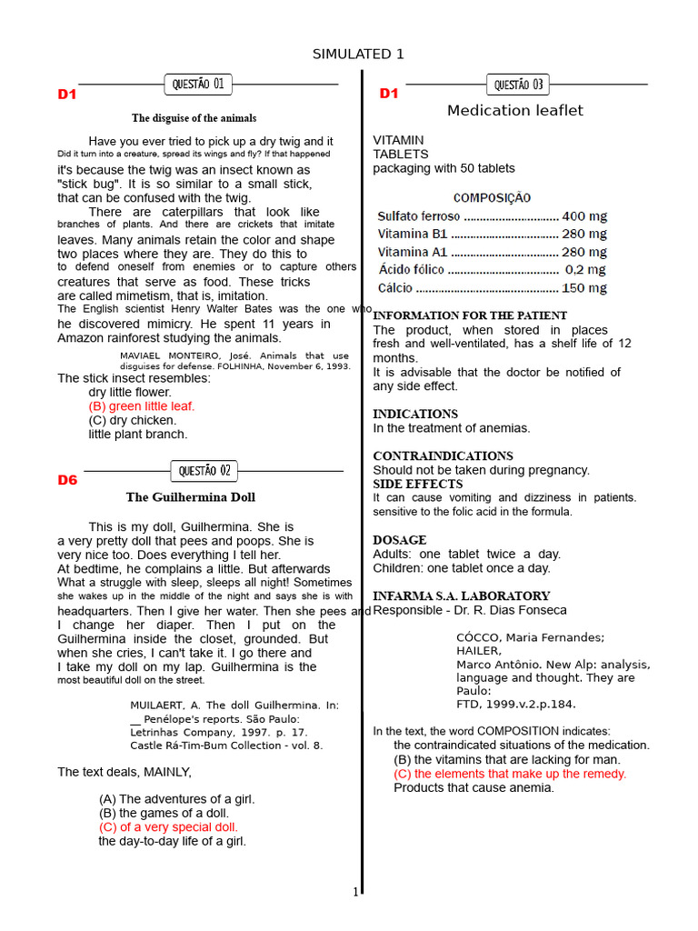 Simulated 1 (Port. 5th Grade) | PDF | Mimicry