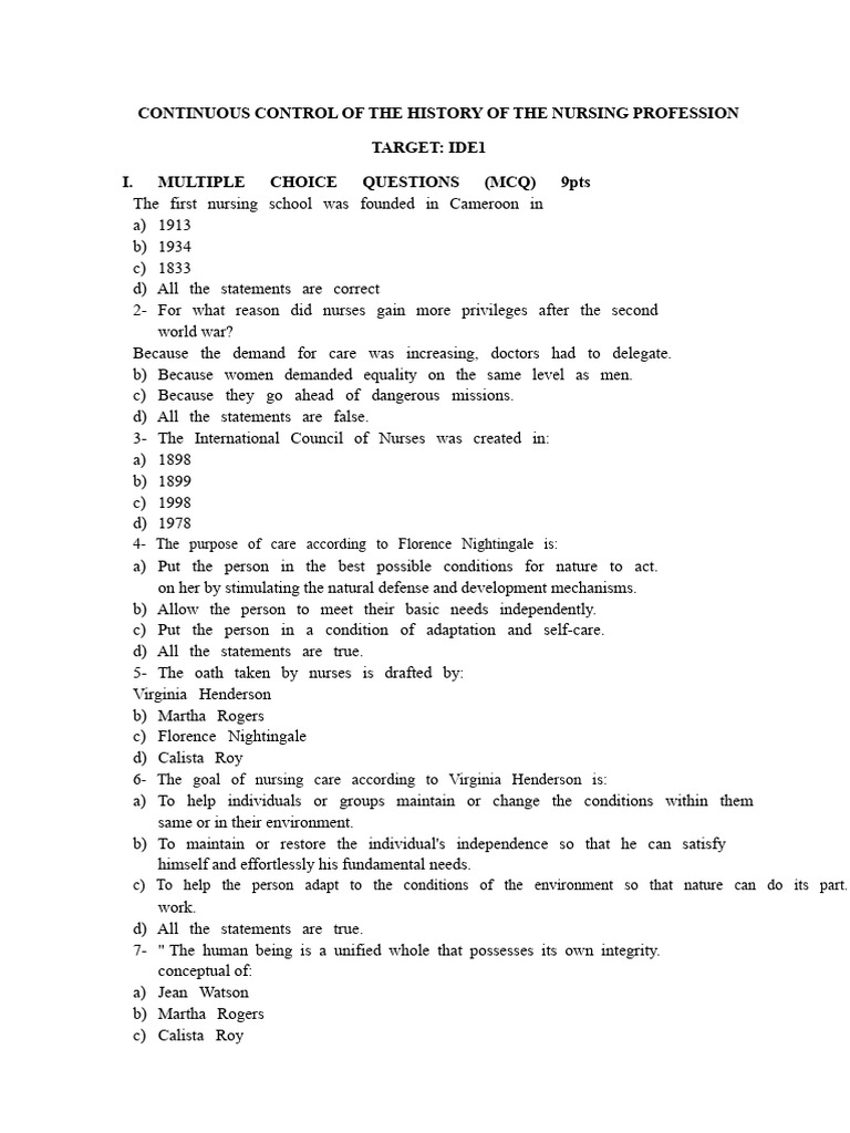 Nursing Profession History Quiz | PDF | Nursing | Multiple Choice