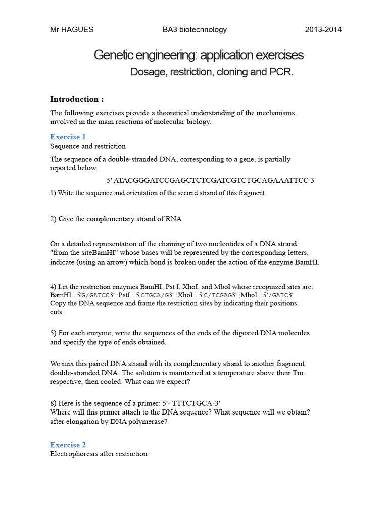 Genetic Engineering Exercises in Biotechnology | PDF | Primer ...