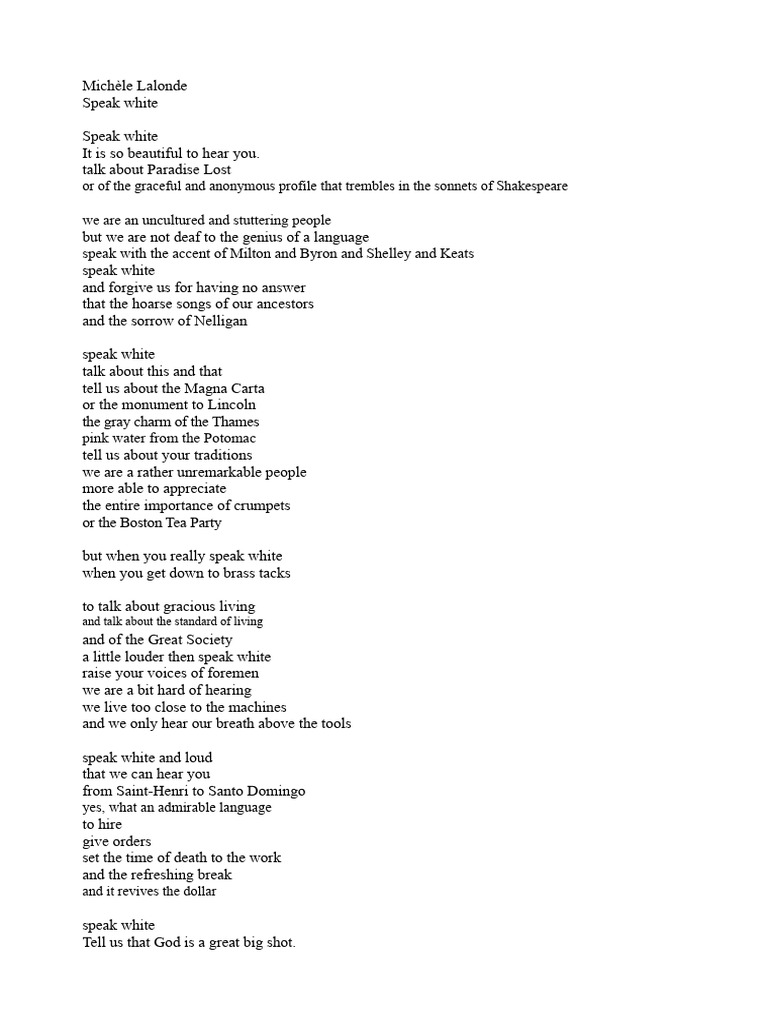 Speak White: A Poetic Reflection on Language | PDF
