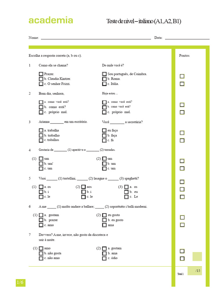 Teste de Nível de Italiano A1 a B1 | PDF | Itália