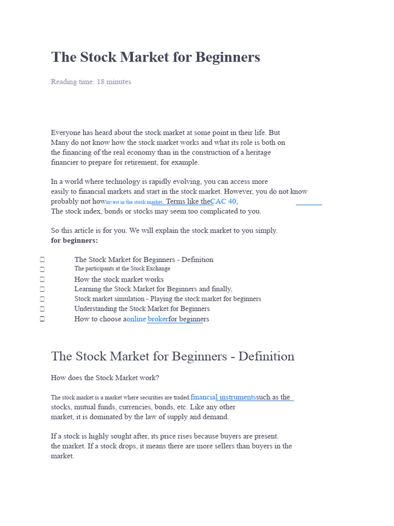The Stock Market For Beginners | PDF | Stocks | Stock Market