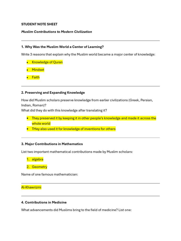 STUDENT NOTE SHEET Muslim Contributions To Mo | PDF