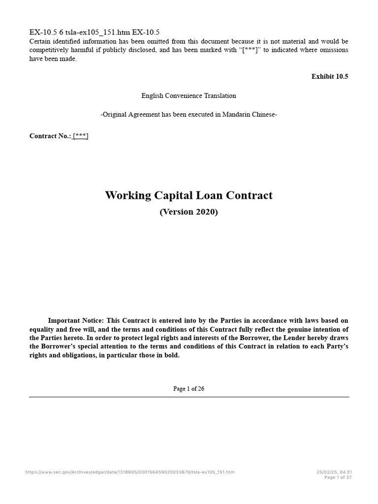 Tesla Working Capital Loan Contract | PDF | Loans | Arbitration