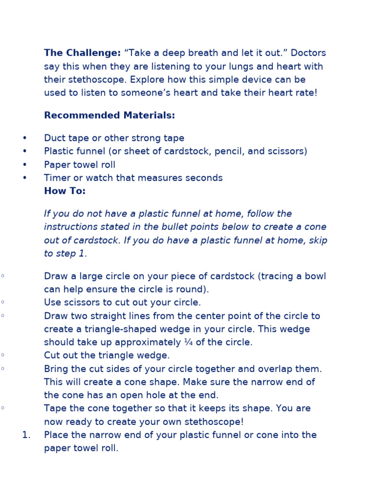 DIY Stethoscope Activity Guide | PDF | Heart | Blood