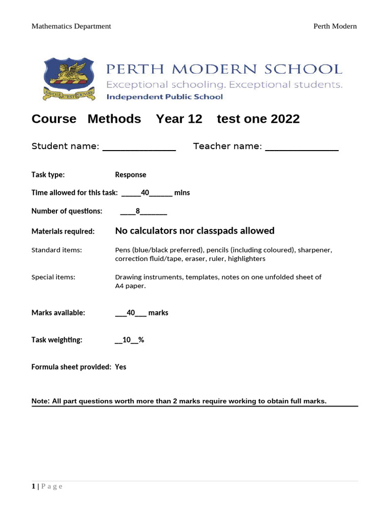 Year 12 Methods Test 2022 - Perth Modern | PDF | Derivative | Acceleration