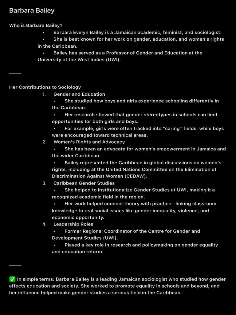 Barbara Bailey: Gender Studies Pioneer | PDF