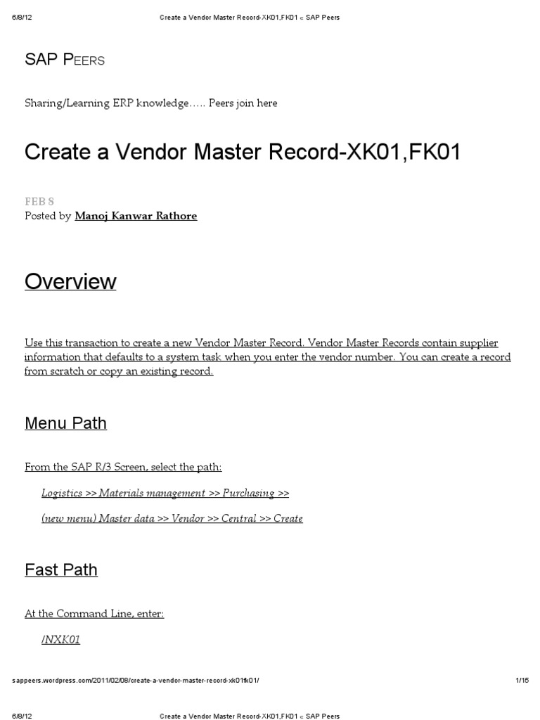 Create A Vendor Master RecordXK01, FK01 PDF Address (Geography