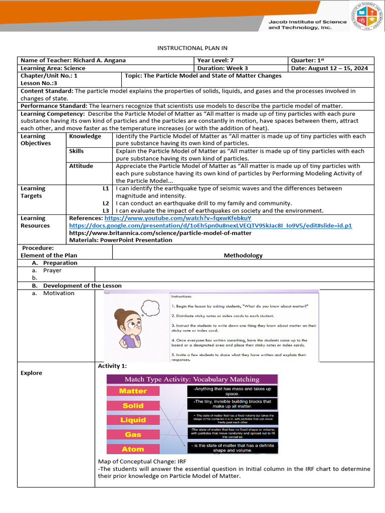 Learning Plan SCIENCE 7 | PDF | Matter | Learning