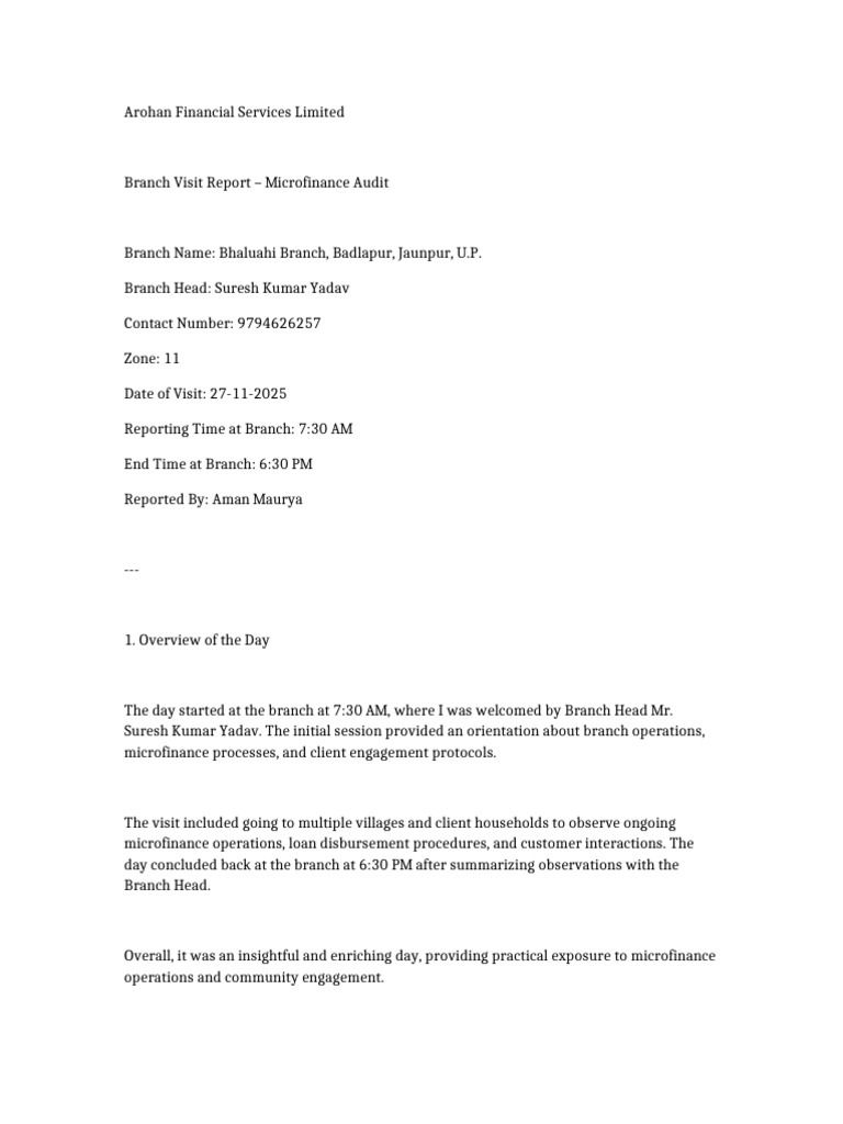 Branch Visit Report Aman Maurya | PDF | Microfinance | Cognition