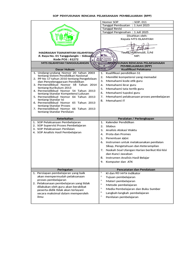 SOP Penyusunan RPP MTS Islamiayah | PDF