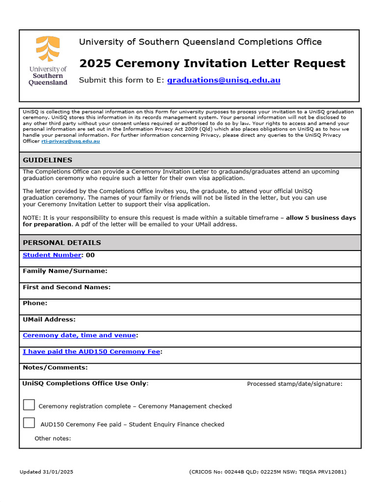 UniSQ Graduation Ceremony Invitation Request | PDF