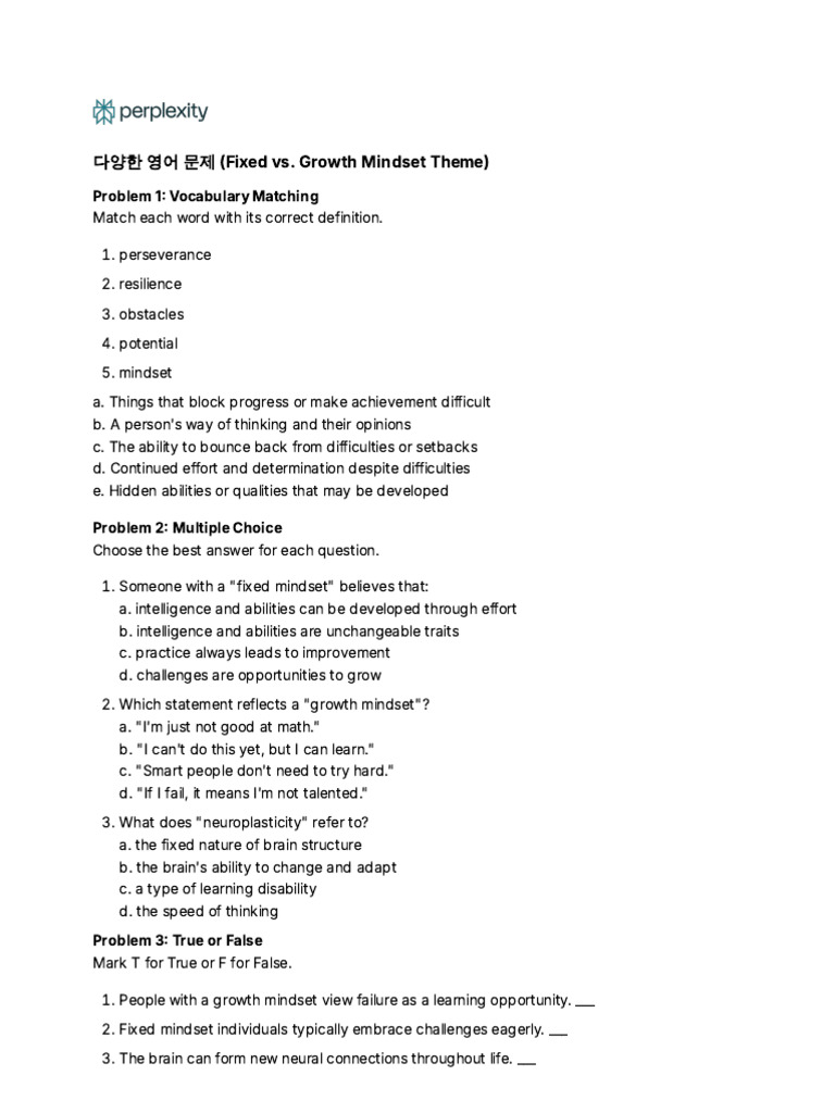 Vocabulary and Mindset Assessment Guide | PDF | Mindset | Psychological ...