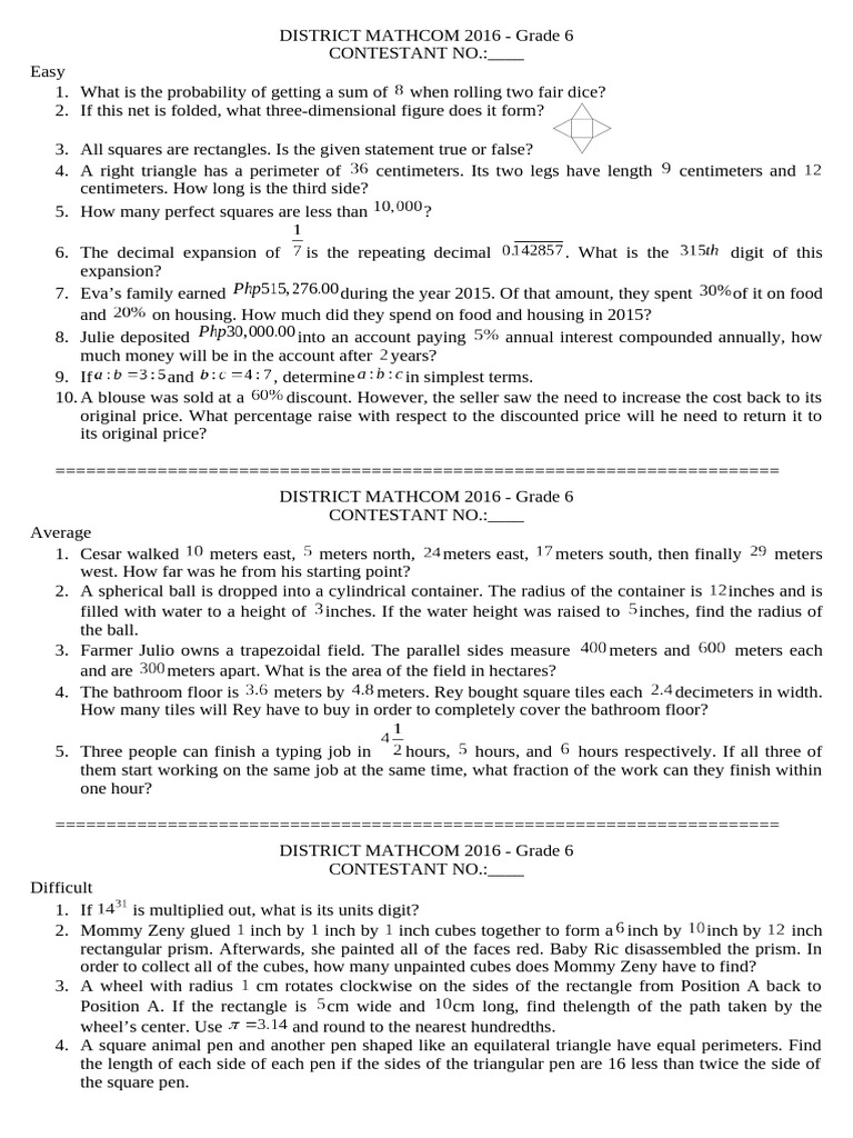 Grade 6 Math Contest Problems 2016 | PDF | Rectangle | Area