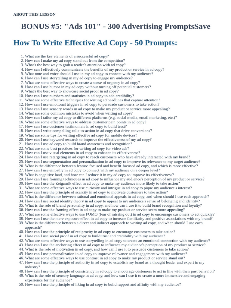 50 Effective Ad Copy Prompts | PDF | Advertising | Online Advertising