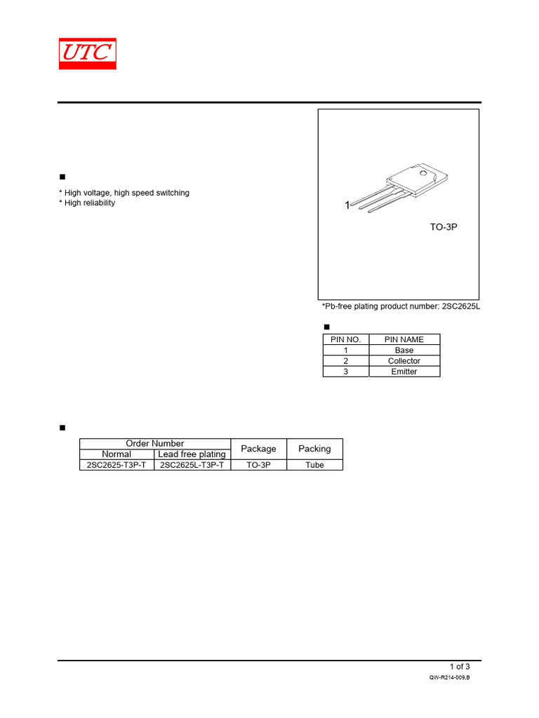 2SC2625 High Voltage Transistor Specs | PDF | Bipolar Junction ...