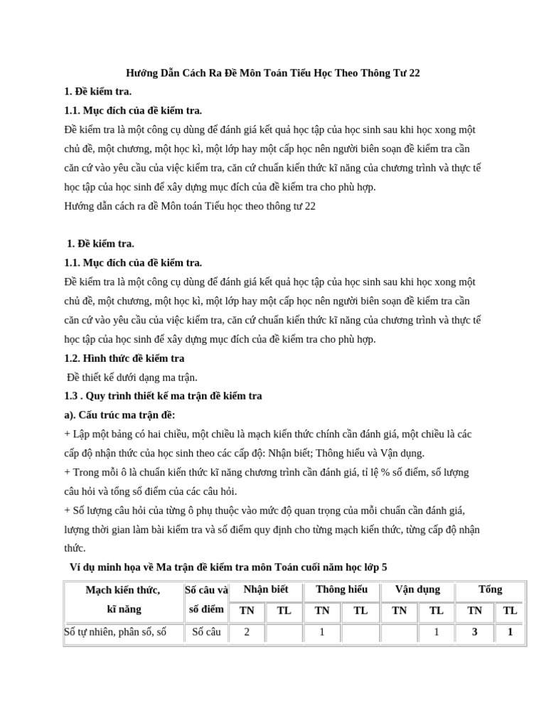 Huong Dan Cach Ra de Mon Toan Tieu Hoc Theo TT 22 | PDF