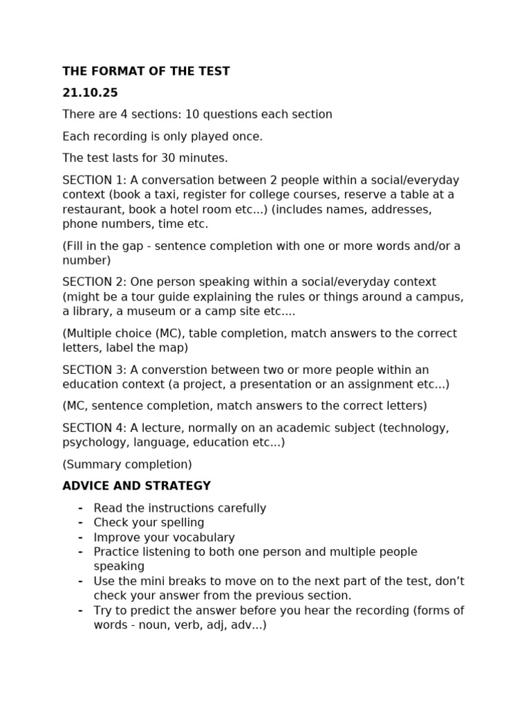 Listening Test Format and Strategies | PDF | Multiple Choice | Linguistics