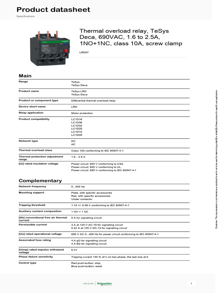 Item 79 - Schneider Electric TeSys Deca Overload Relays (LRD07) | PDF ...