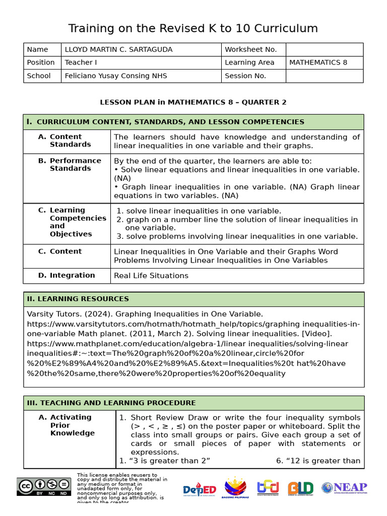 Lesson Plan: Linear Inequalities & Graphs | PDF | Variable (Mathematics ...