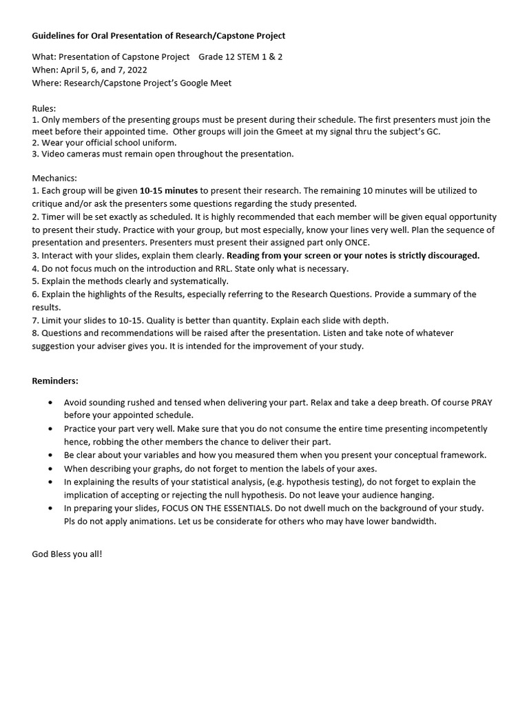 Guidelines for Oral Presentation CAPSTONE2021 2022 | PDF | Hypothesis ...