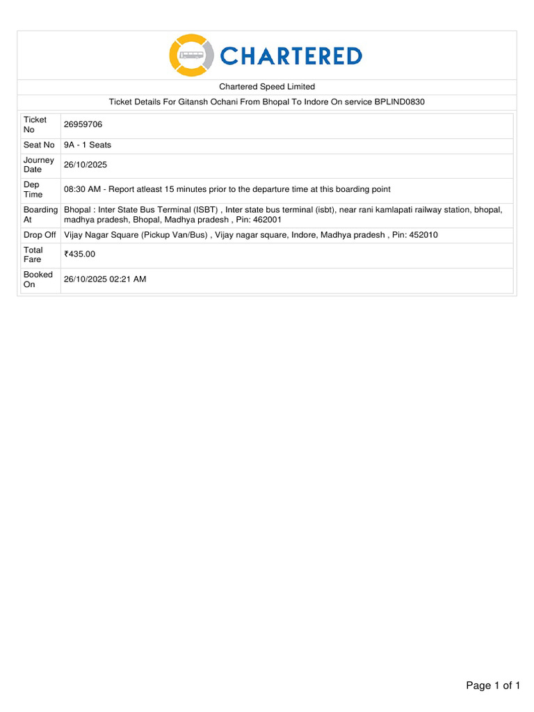 Bhopal to Indore Bus Ticket Details | PDF