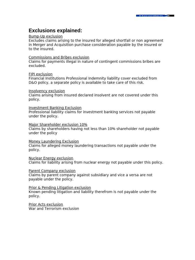 D&O Policy Exclusions and Coverage Details | PDF | Insurance | Indemnity