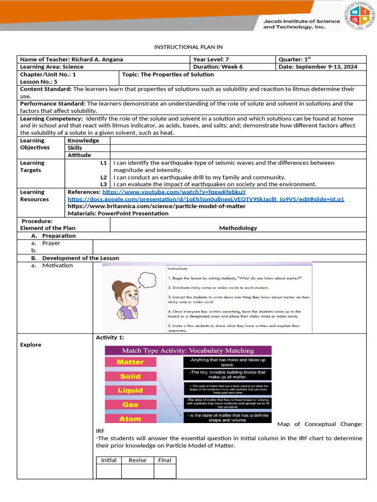 Learning Plan SCIENCE 7 | PDF | Learning | Matter