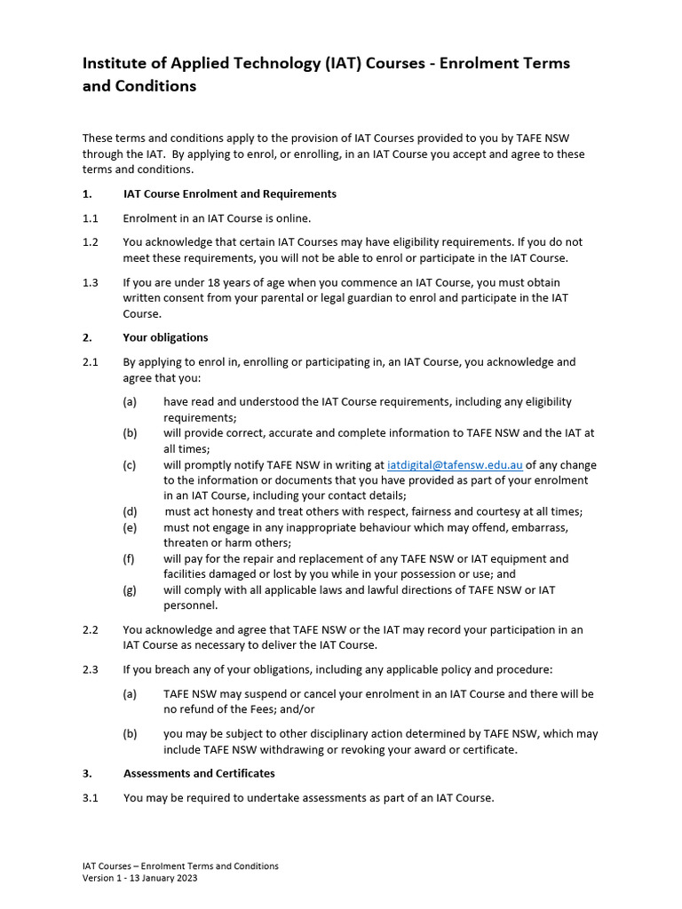 IAT Course Enrolment Terms & Conditions | PDF | Justice | Crime & Violence
