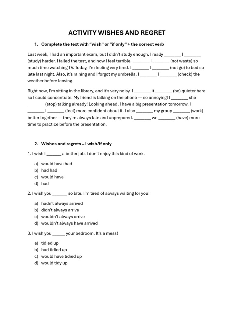 Wishes and Regrets in English Grammar | PDF