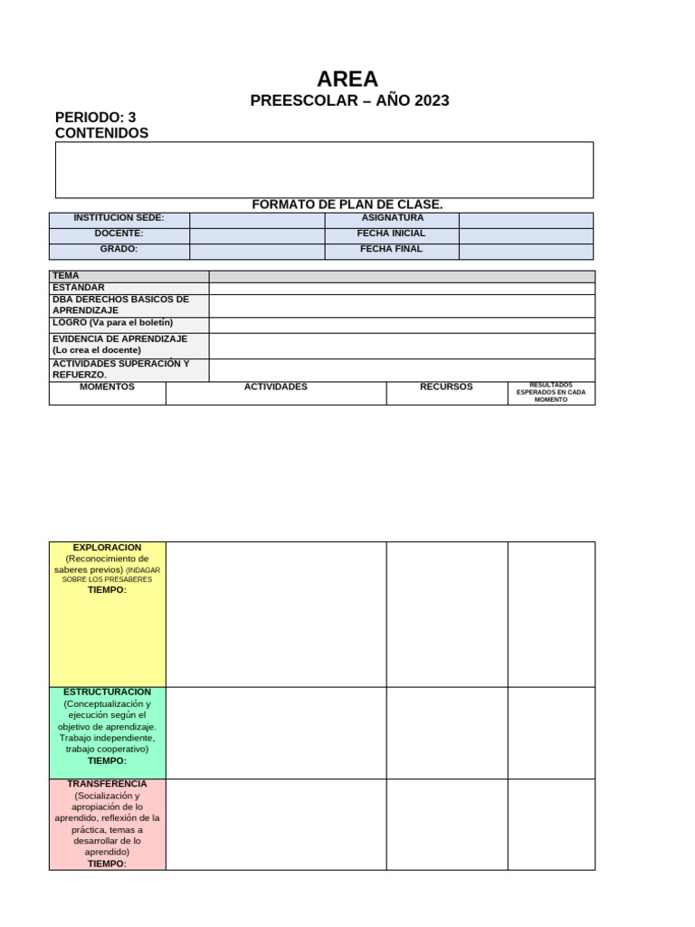 Plan de Clase Preescolar 2023 | PDF