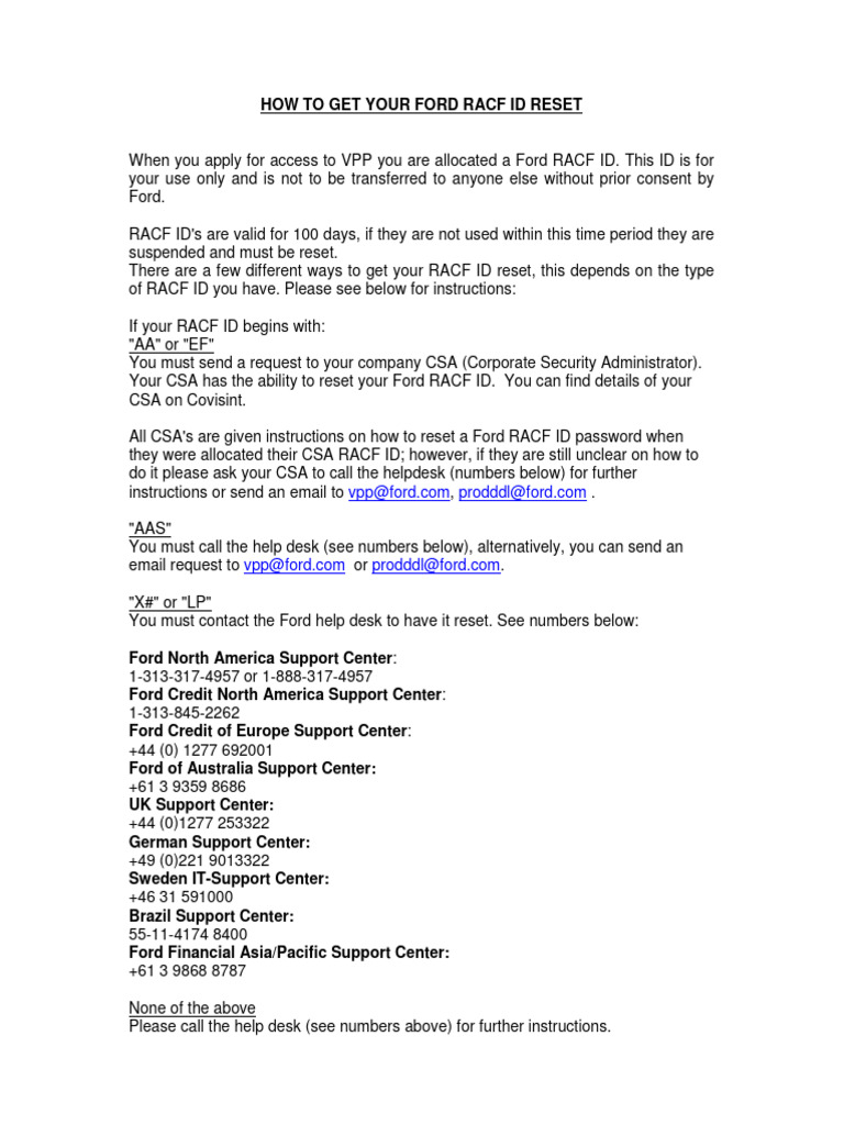 Resetting Your Ford RACF ID Guide | PDF