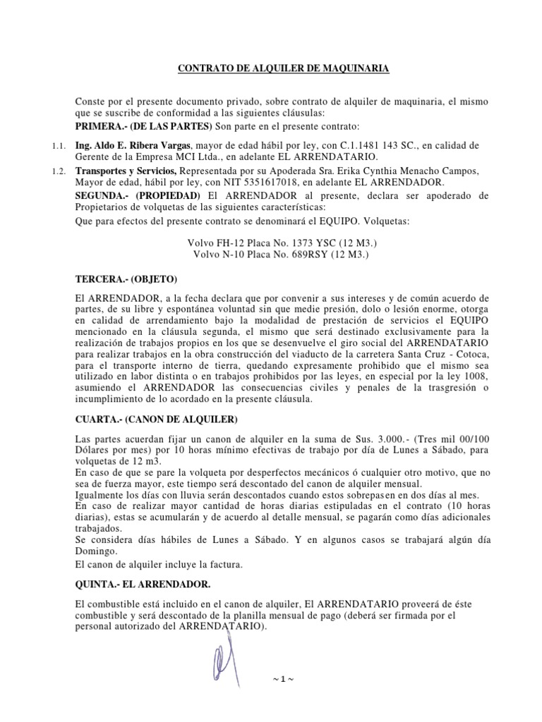 Contrato de Alquiler de Maquinaria
