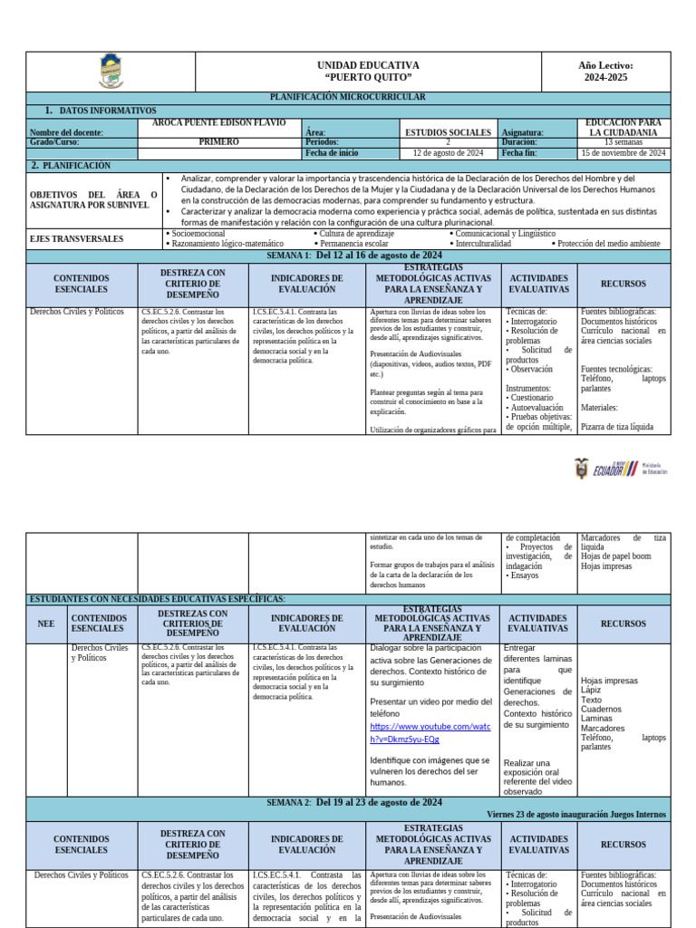 Planificación Educativa en Ciudadanía 2024 | PDF | Plan de estudios ...