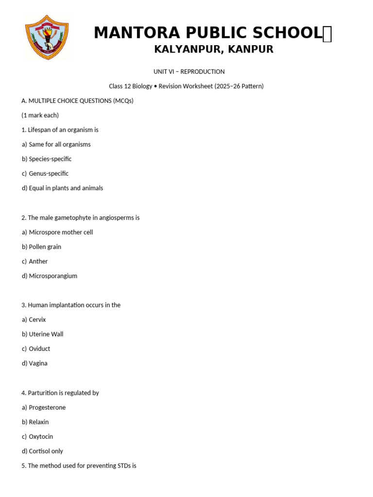 Class 12 Biology Reproduction MCQs & Answers | PDF | Fertilisation ...